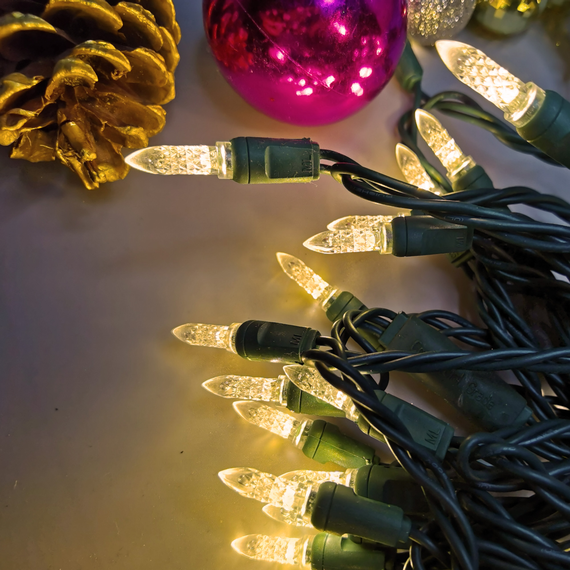 Christmas Lights LED String Lights Warm White LED, M5, 120V UL, Green Wire 