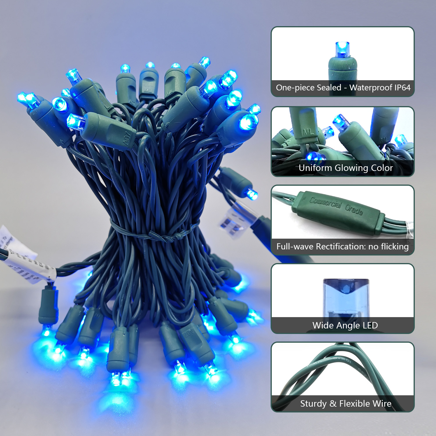 Christmas Lights 50 Mini LED String Lights Blue LED, 120V UL, Green Wire 