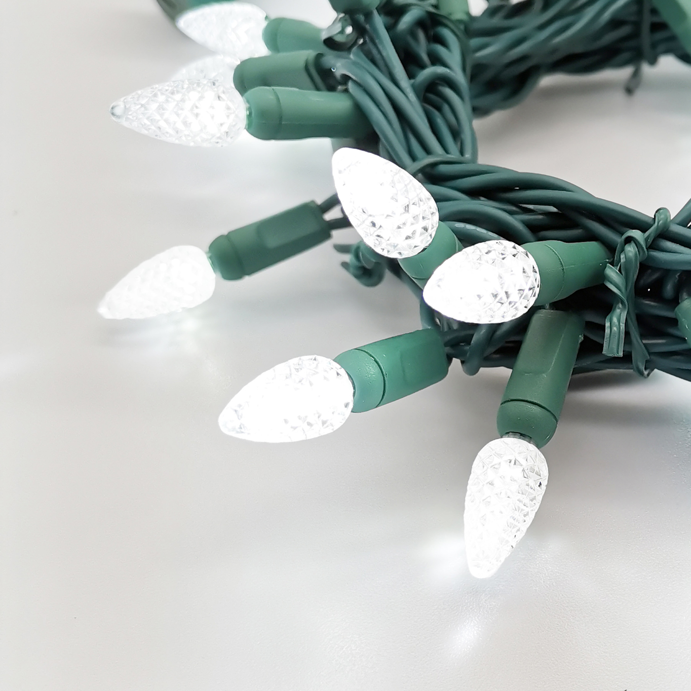 Christmas Lights LED String Lights Cool White LED, C3, 120V UL, Green Wire 