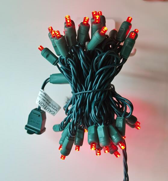 Christmas Lights 50 Mini LED String Lights Red LED, 120V UL, Green Wire 