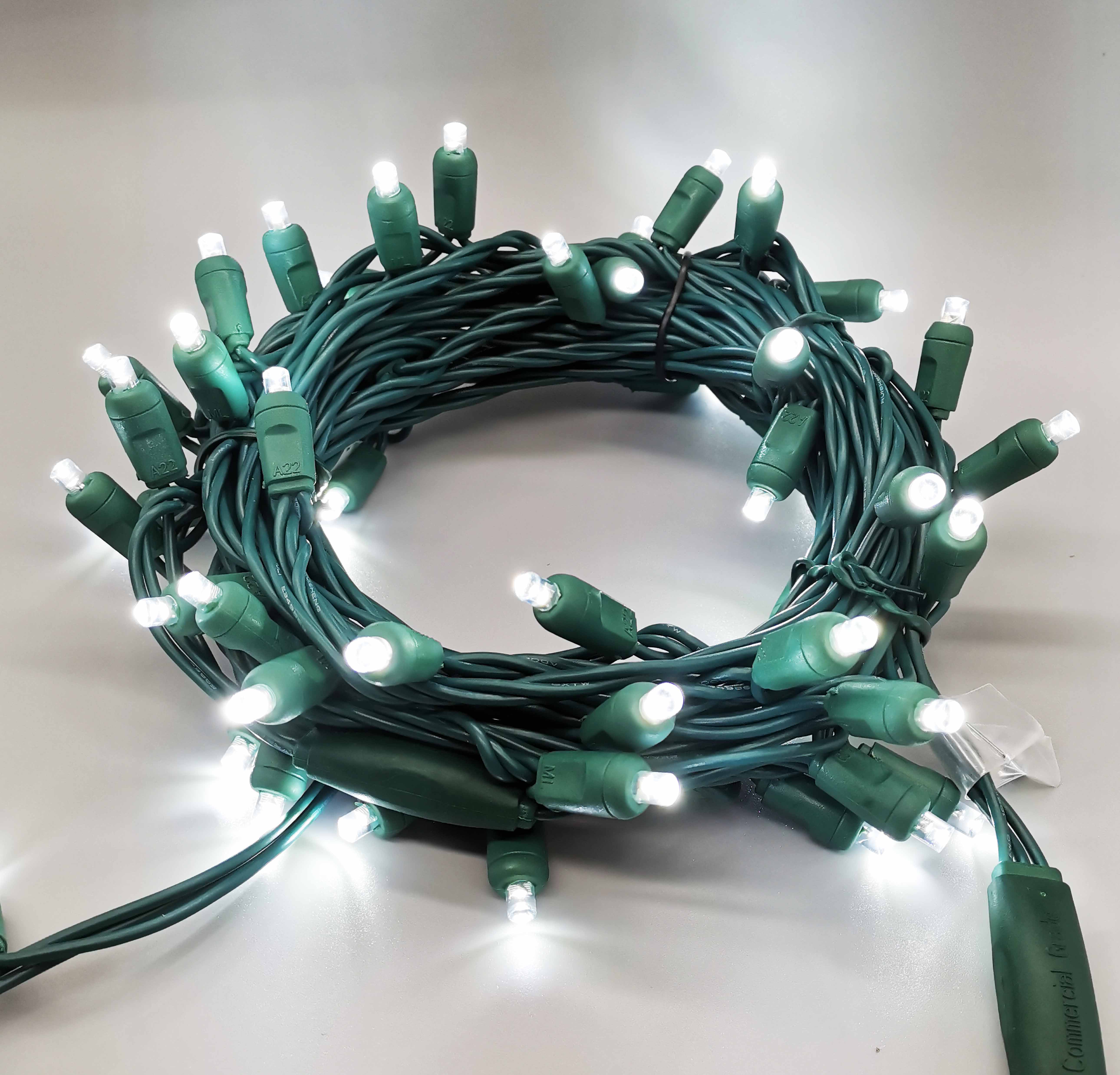Christmas Lights 50 Cool White Mini LED String Lights, 120V UL, Green Wire 