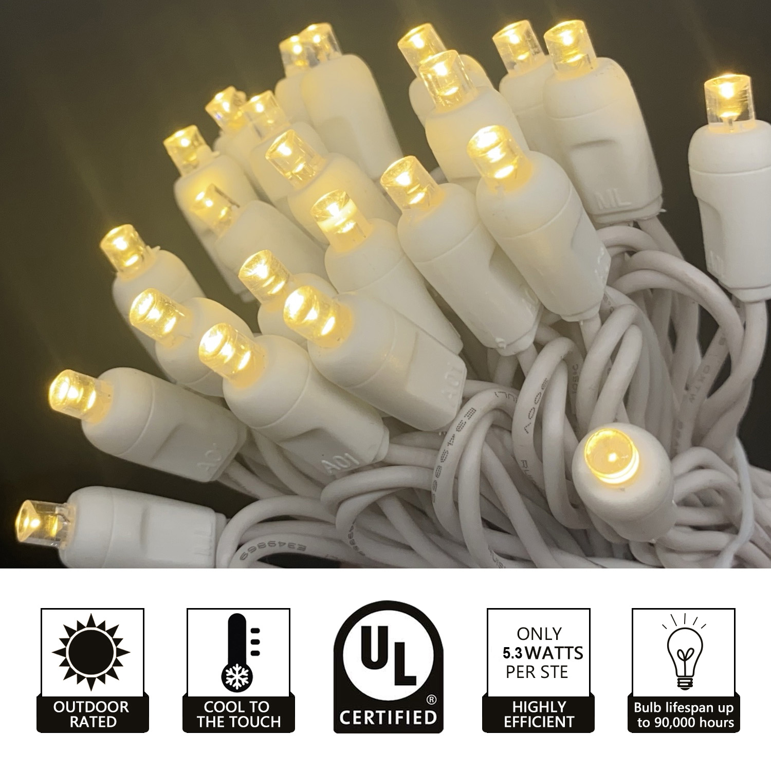 Christmas Lights 50 Cool White Mini LED String Lights, 120V UL, White Wire 